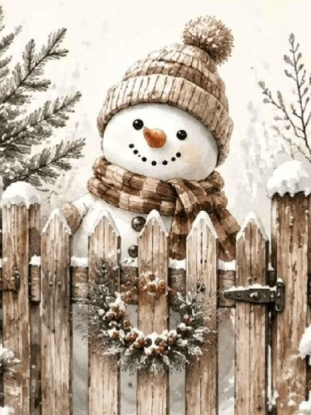 Snowman with Knit Hat and Scarf Holiday Wall Art - Beige Snowman Print 8x10